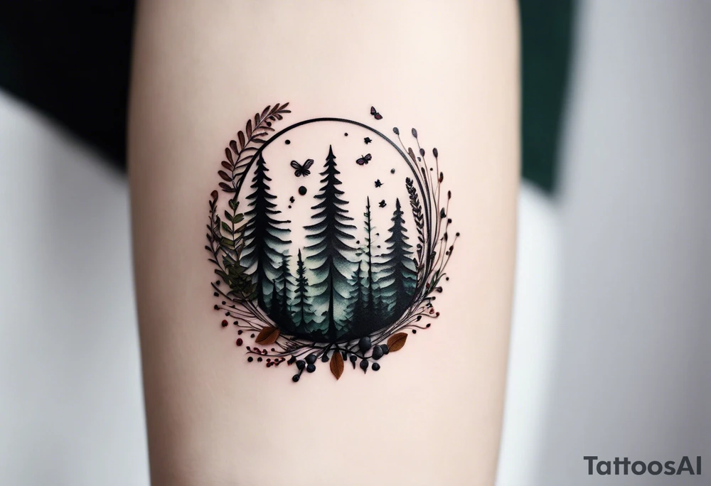 forest floor inspired minimalist tattoo, which includes grass, curly ferns, moss and dead leaves as the bulk of the tattoo. details to include: forest berries, a tiny bumblebee flying nearby, three small brown mushrooms
Generate a vertically long one tattoo idea