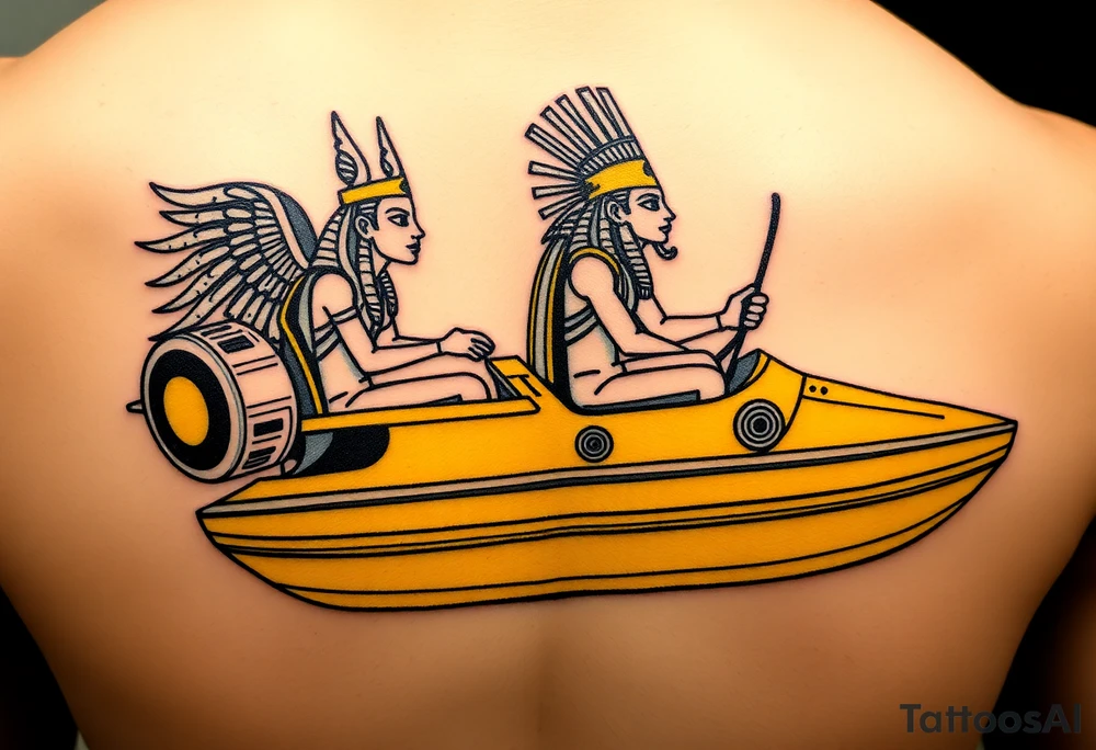 "Anubis driving a yellow Uber-styled solar barge.  
Passengers:  
- Голый Пикассо (из «Ампир V»)  
- Алиса (с табличкой 'Аид – 5★')  
Meter reads: *'SOUL: 4.8 rating (would not reincarnate)'*.  

Style: Urban hieroglyph. Black/yellow. Calf." tattoo idea