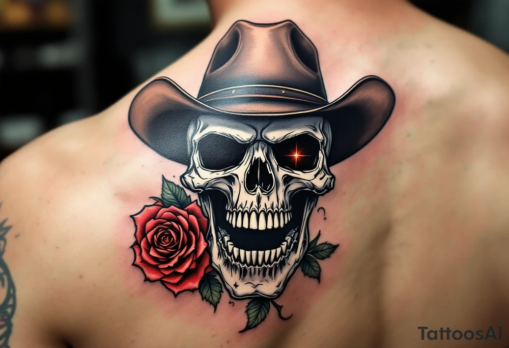 Full skeleton cowboy with rose in teeth tattoo idea