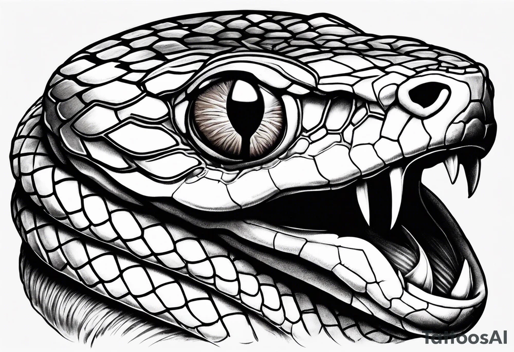 Copperhead coiled up with head turned up and mouth open and copper colored eyes tattoo idea