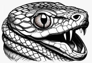 Copperhead coiled up with head turned up and mouth open and copper colored eyes tattoo idea