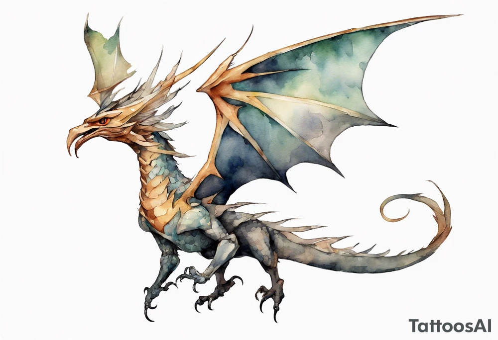 a watercolor of a bird-wyvern hybrid wearing an iron crown, flying tattoo idea