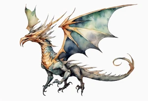 a watercolor of a bird-wyvern hybrid wearing an iron crown, flying tattoo idea