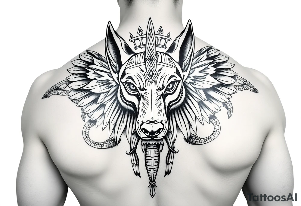 Egyptian Anubis god face muscle in Egypt style dog face surrounded Egyptian symbols and snakes full back tattoo idea