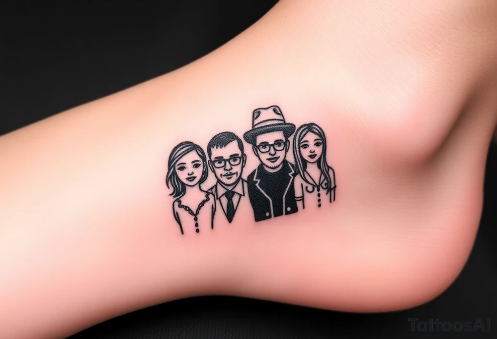 Is there a very simple small tattoo design  for a group of 4 friends from 4  different places Burgos , madrid , brasil , granada  that get reunited every 2 years and are always having banter and conversation about sex,feminism, conspiracy theories about covid , trump, reptilians. They met working at a restaurant in London. Their names are carmen , Mario, Andrea and Duanny tattoo idea