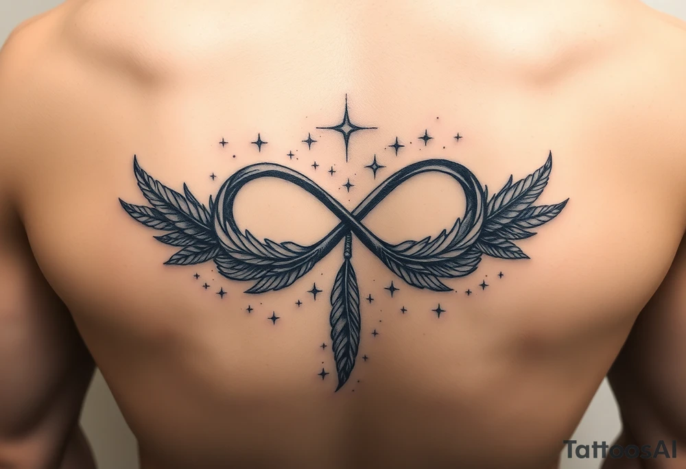 A sketch of the infinity symbol woven with floating feathers and stardust tattoo idea