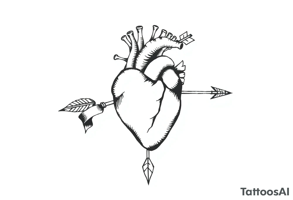 anatomical heart pierced by ornate arrow with flowing ribbons tattoo idea