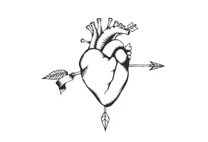 anatomical heart pierced by ornate arrow with flowing ribbons tattoo idea