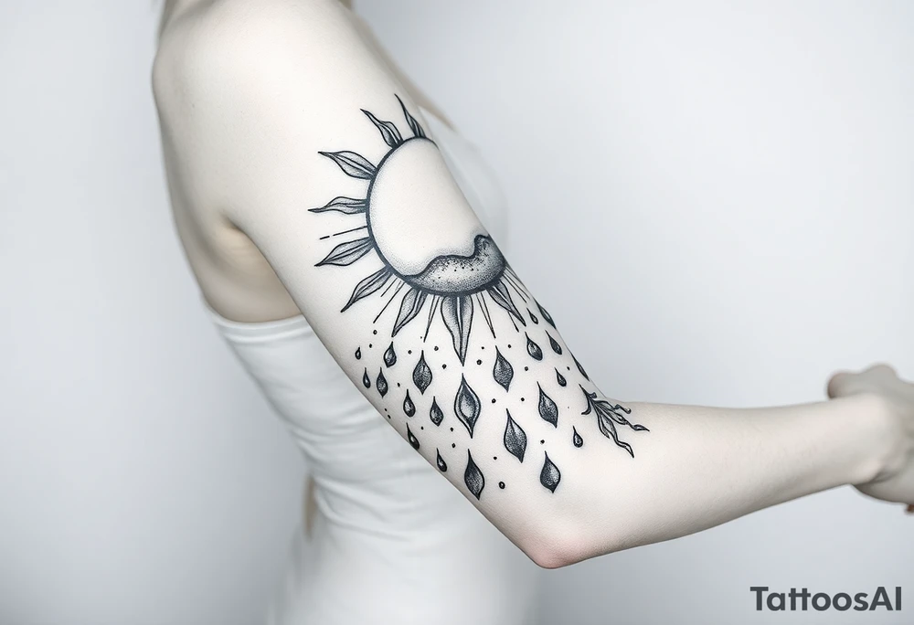 A large sun melting a snow flake and the snow flakes turning into rain drops as it rains down tattoo idea