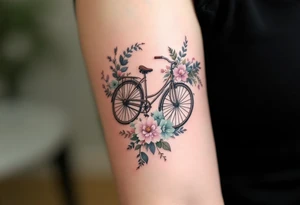 A vintage bicycle with intricate floral designs on the frame, in soft pastels (light pink, mint green, and lavender), symbolizing freedom and adventure. tattoo idea