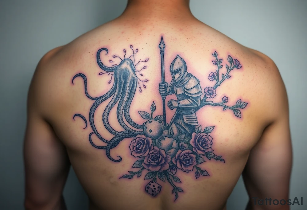 squid and knight combined with tree roots, cherry blossoms and roses rolling dice tattoo idea