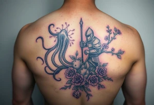 squid and knight combined with tree roots, cherry blossoms and roses rolling dice tattoo idea