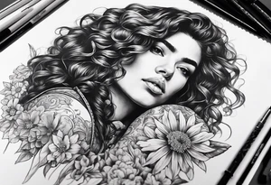 Spanish woman warrior curly hair half with sword sleeve arm wildflowers tattoo idea