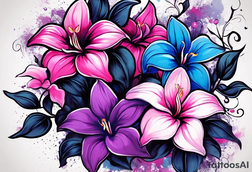 brushstroke abstract pink, purple, and blue mandevilla flowers on a vine, with color leaking out into the background. SOme of the flowers should be full color, and some just linework. It should have a handdrawn, sketch feel. tattoo idea