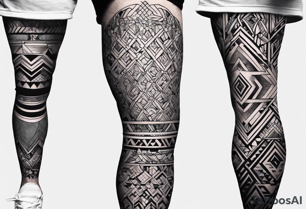 Mix match geometric pattern full leg sleeve male tattoo idea