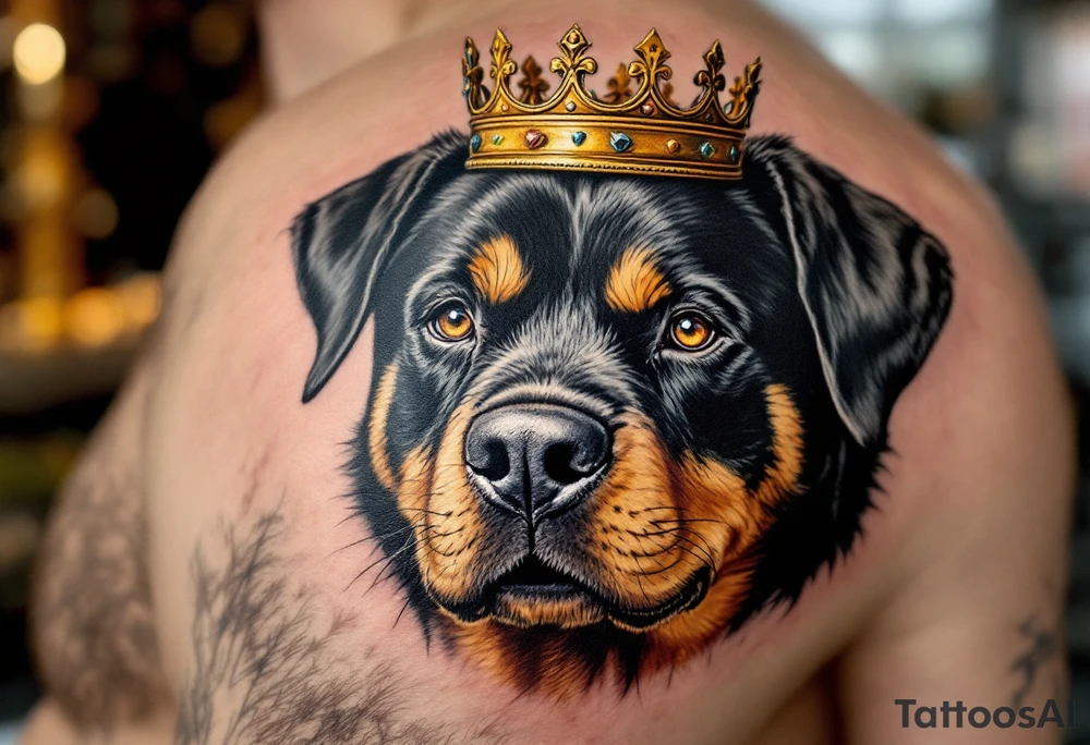 Rottweiler with Crown – A proud black and tan Rottweiler wearing a worn gold crown, symbolizing loyalty and strength. Hyper-realistic fur texture with warm amber eye details. tattoo idea