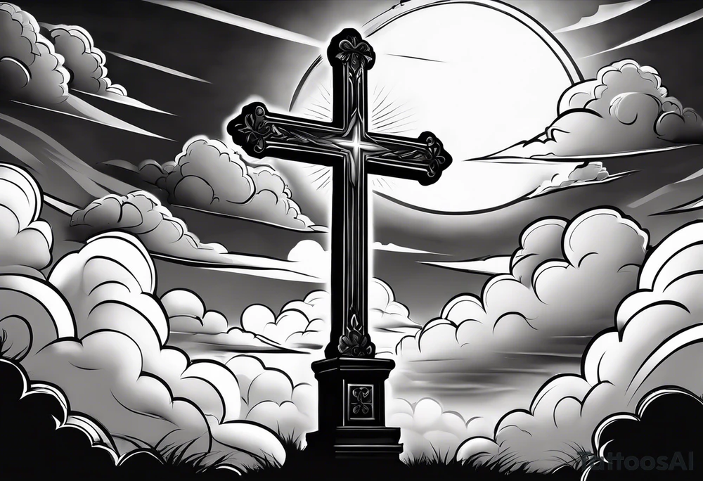 bible verse with a very simple cross in the background and realistic clouds shadowing the cross in the background tattoo idea
