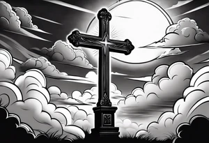 bible verse with a very simple cross in the background and realistic clouds shadowing the cross in the background tattoo idea