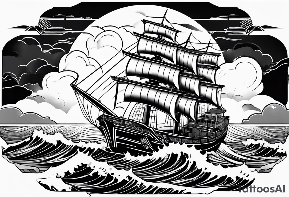 Art deco style Japanese ship on the sea with storm clouds and lightning tattoo idea