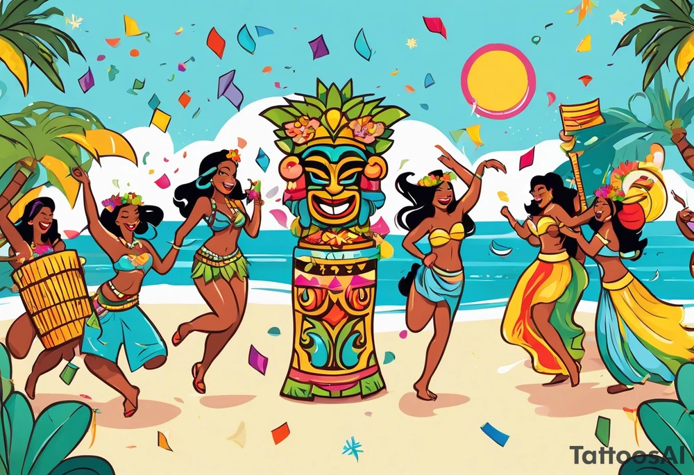 beach party scene with tiki gods and hulu girls dancing include music notes and confetti. leave a blank area in the middle of the image tattoo idea