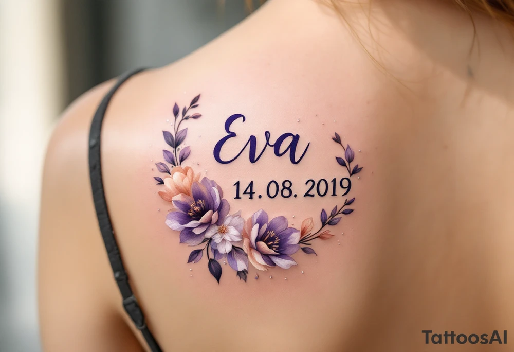Small tattoo Eva 14. 08. 2019 – Lavender and soft peach blooms encircling Eva's birthdate, with silver glitter accents sprinkled throughout. tattoo idea
