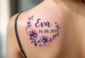 Small tattoo Eva 14. 08. 2019 – Lavender and soft peach blooms encircling Eva's birthdate, with silver glitter accents sprinkled throughout. tattoo idea