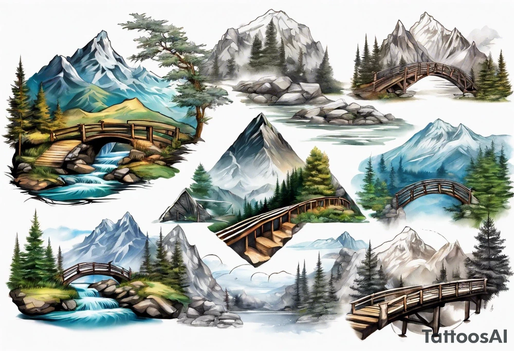 mountain landscape with a foot bridge connecting mountains tattoo idea