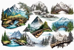 mountain landscape with a foot bridge connecting mountains tattoo idea