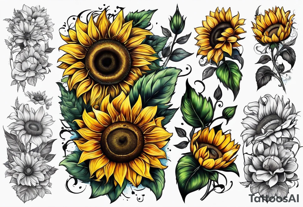 Arm sleeve Foral sunflower and roman numeral tattoo idea
