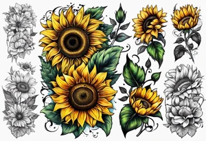 Arm sleeve Foral sunflower and roman numeral tattoo idea