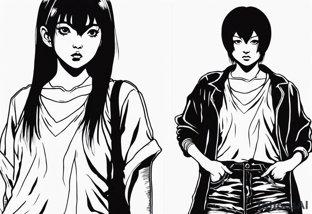 portrait of tomie standing up a character by the horror manga author junji ito full body standing murderously. add more horror and gore elements tattoo idea