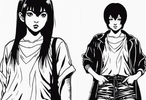 portrait of tomie standing up a character by the horror manga author junji ito full body standing murderously. add more horror and gore elements tattoo idea