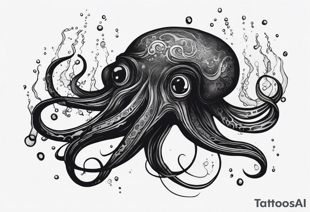 A visual representation of the horror squid concept, showing the squid becoming invisible in ink, its body turning black to blend in with its deep sea environment. The overall environment is dark, creating an eerie underwater atmosphere. tattoo idea