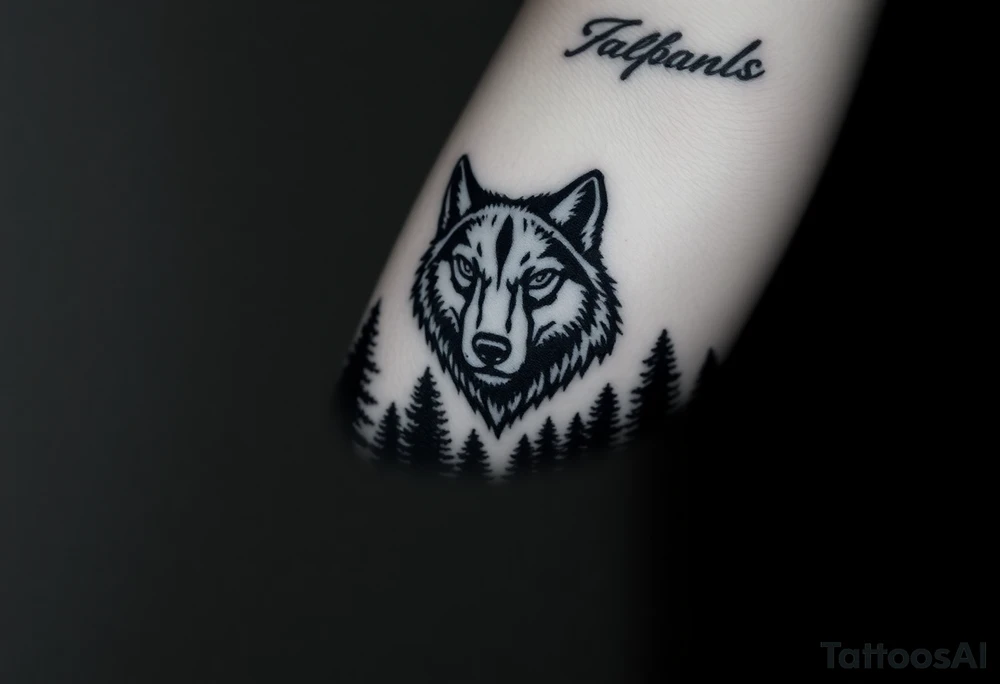 Dark wooded area with a large wolf head over the treeline tattoo idea