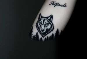 Dark wooded area with a large wolf head over the treeline tattoo idea
