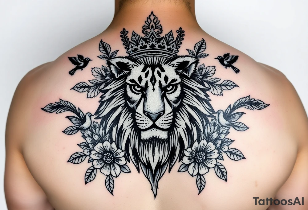 powerful majestic lion with a crown, surrounded by floral ornaments and birds tattoo idea