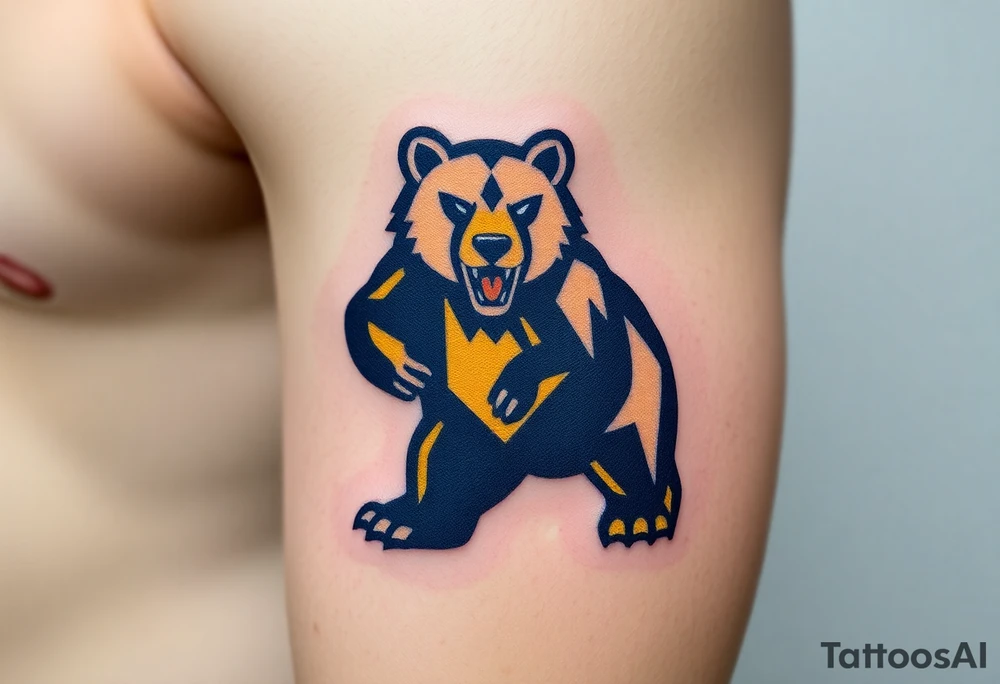 University of Northern Colorado bear mascot  standing on 2 feet with Navy blue and yellow tattoo idea