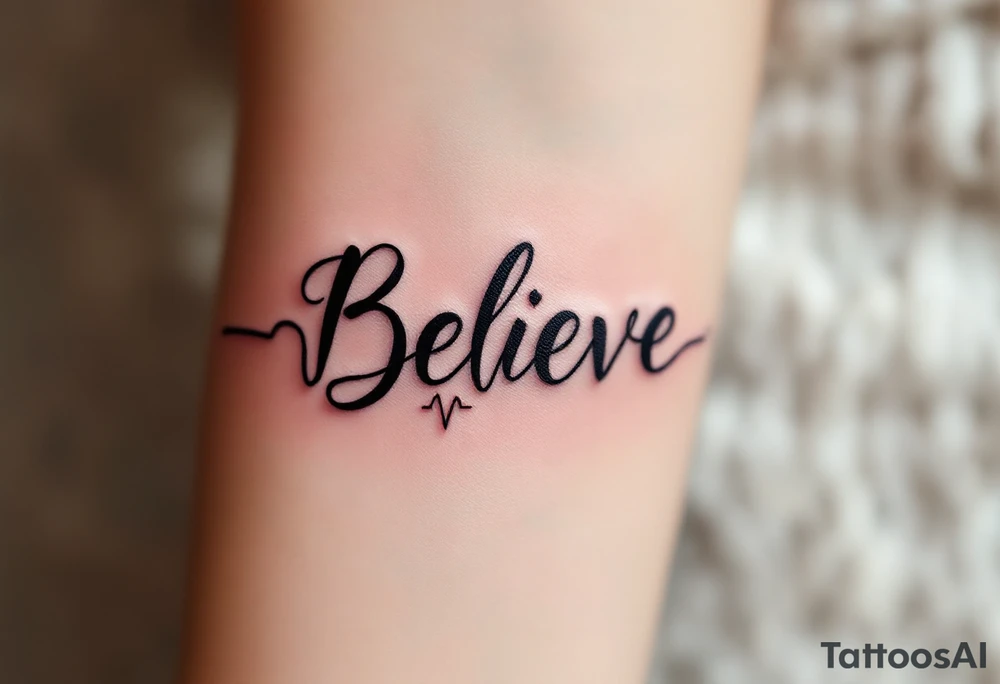 "Believe" in pink with a heartbeat line running through it, representing passion and belief in vitality and life. tattoo idea