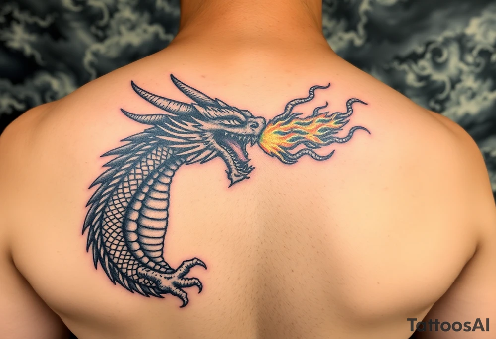 fierce dragon breathing iridescent fire against stormy skies tattoo idea