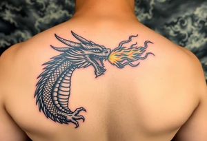 fierce dragon breathing iridescent fire against stormy skies tattoo idea
