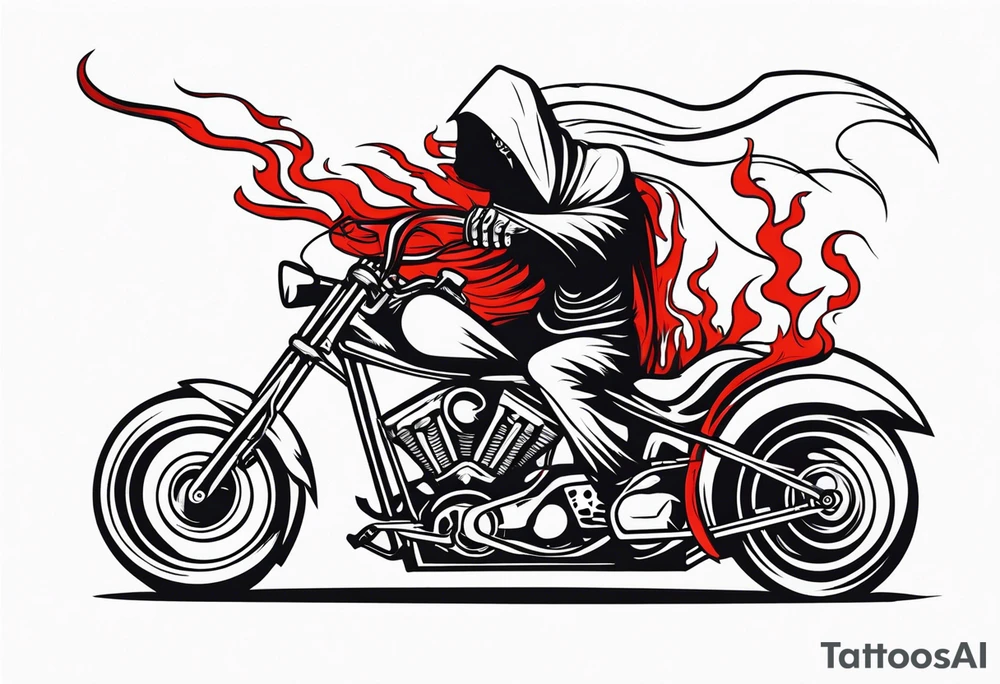 Grim Reaper on motorcycle, on fire, red eyes tattoo idea