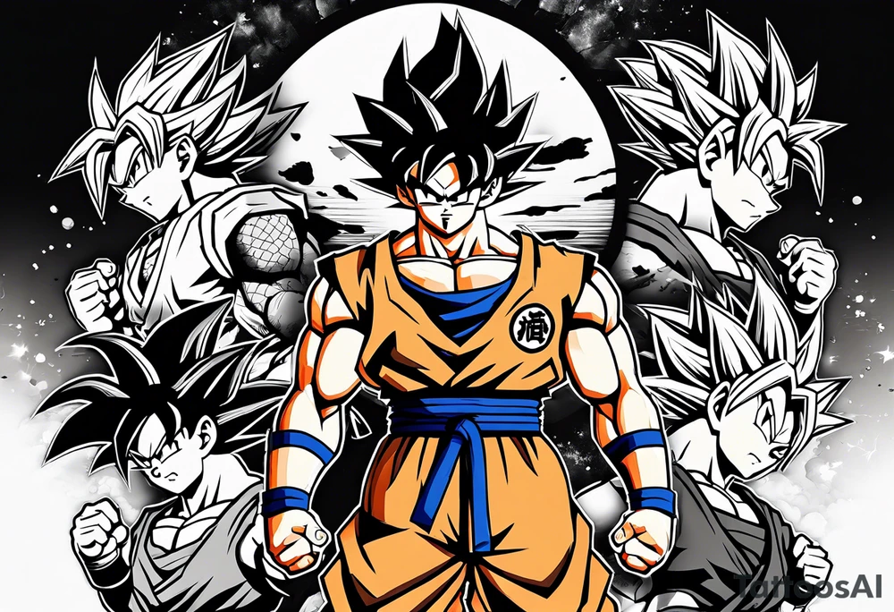 Son-Goku as a super saiyajin is in the middle and black Silhouettes of Gokus friends are surrounding him and covering his back tattoo idea