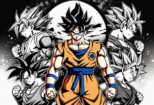 Son-Goku as a super saiyajin is in the middle and black Silhouettes of Gokus friends are surrounding him and covering his back tattoo idea