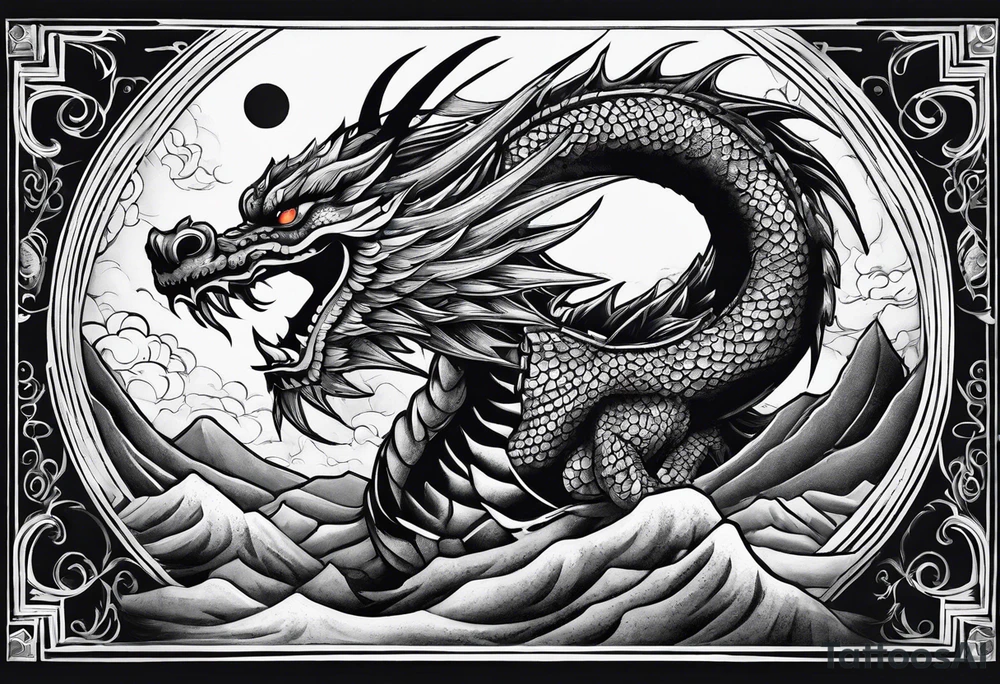 Mexican dragon flying over a mountain and around the moon arm sleeve tattoo idea