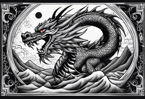 Mexican dragon flying over a mountain and around the moon arm sleeve tattoo idea