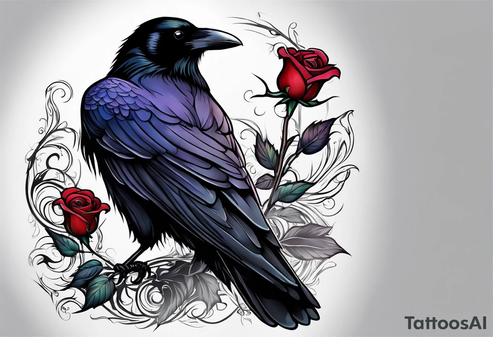 Raven looking back over shoulder with a rose underneath it tattoo idea