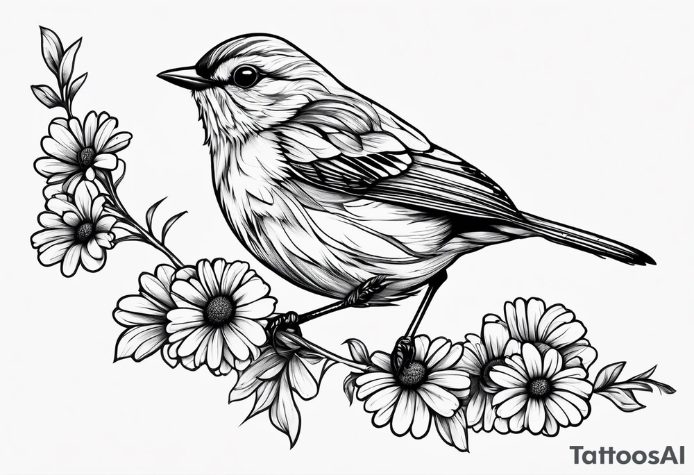 Little bird outlined perched on grass and daisy tattoo idea