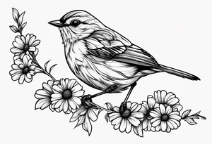 Little bird outlined perched on grass and daisy tattoo idea