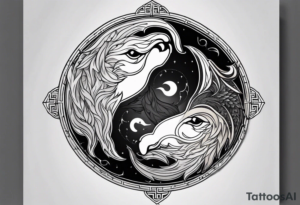 black wolf and white wolf in a ying yang style tattoo idea