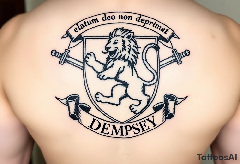 A rampant lion in between two swords surrounded by a shield. Above it are the words "elatum a deo non deprimat" inside on an outstretched scroll. And at the bottom it will say "DEMPSEY" inside of an outstretched scroll tattoo idea